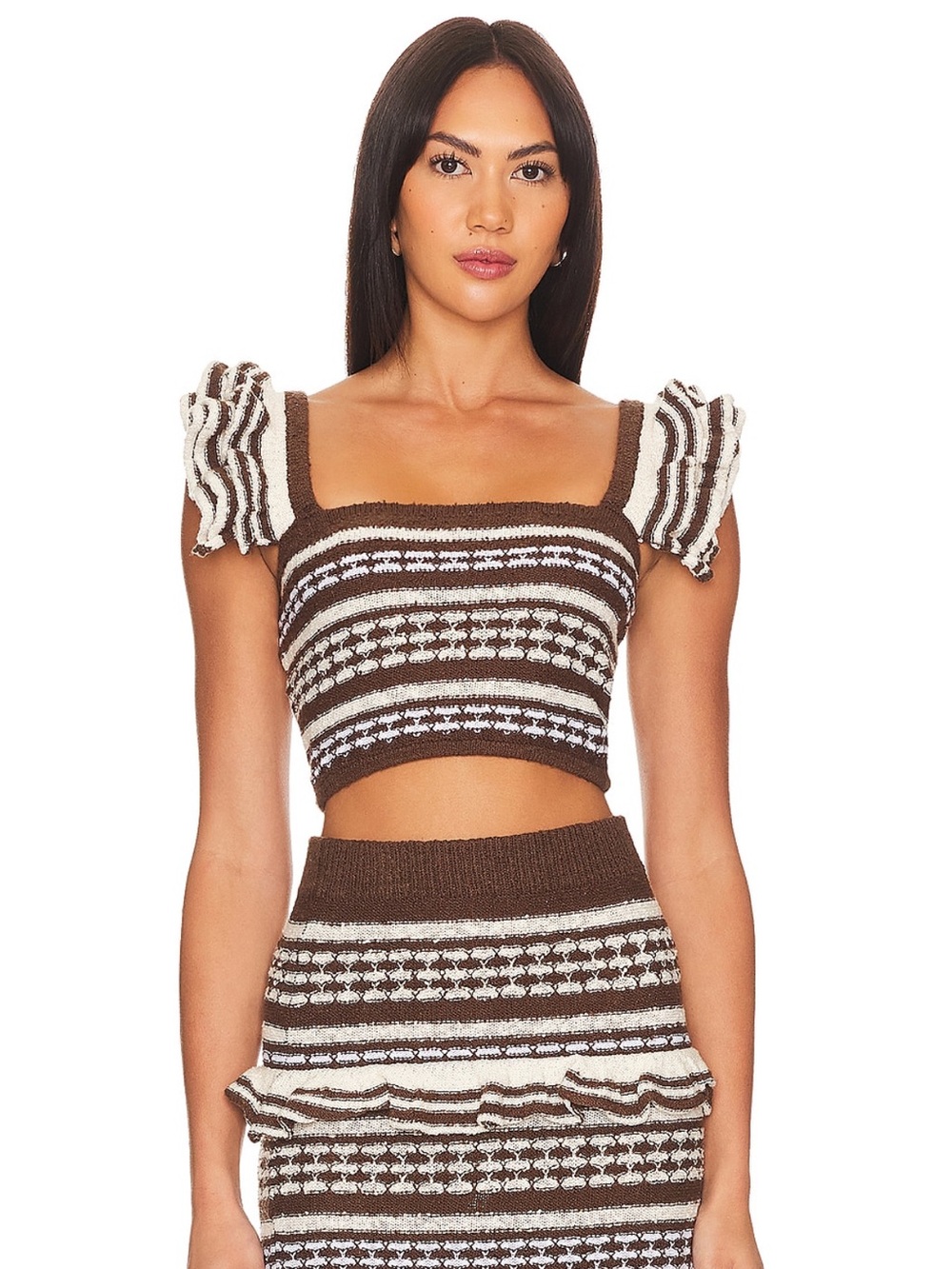 Tularosa Brown and White Knit Ruffle Strap Crop Tank